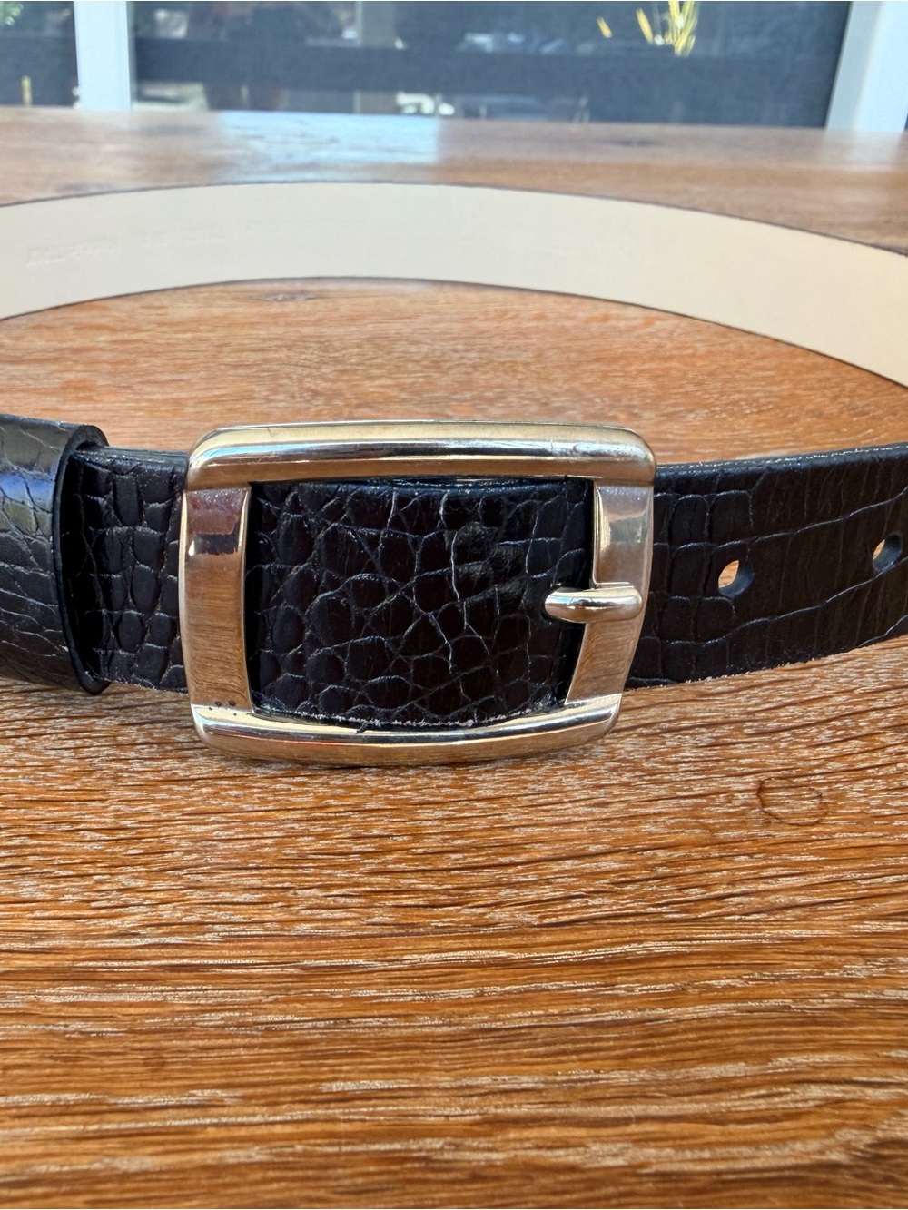 Banana Republic Black Croc-Embossed Leather Belt with Silver Buckle